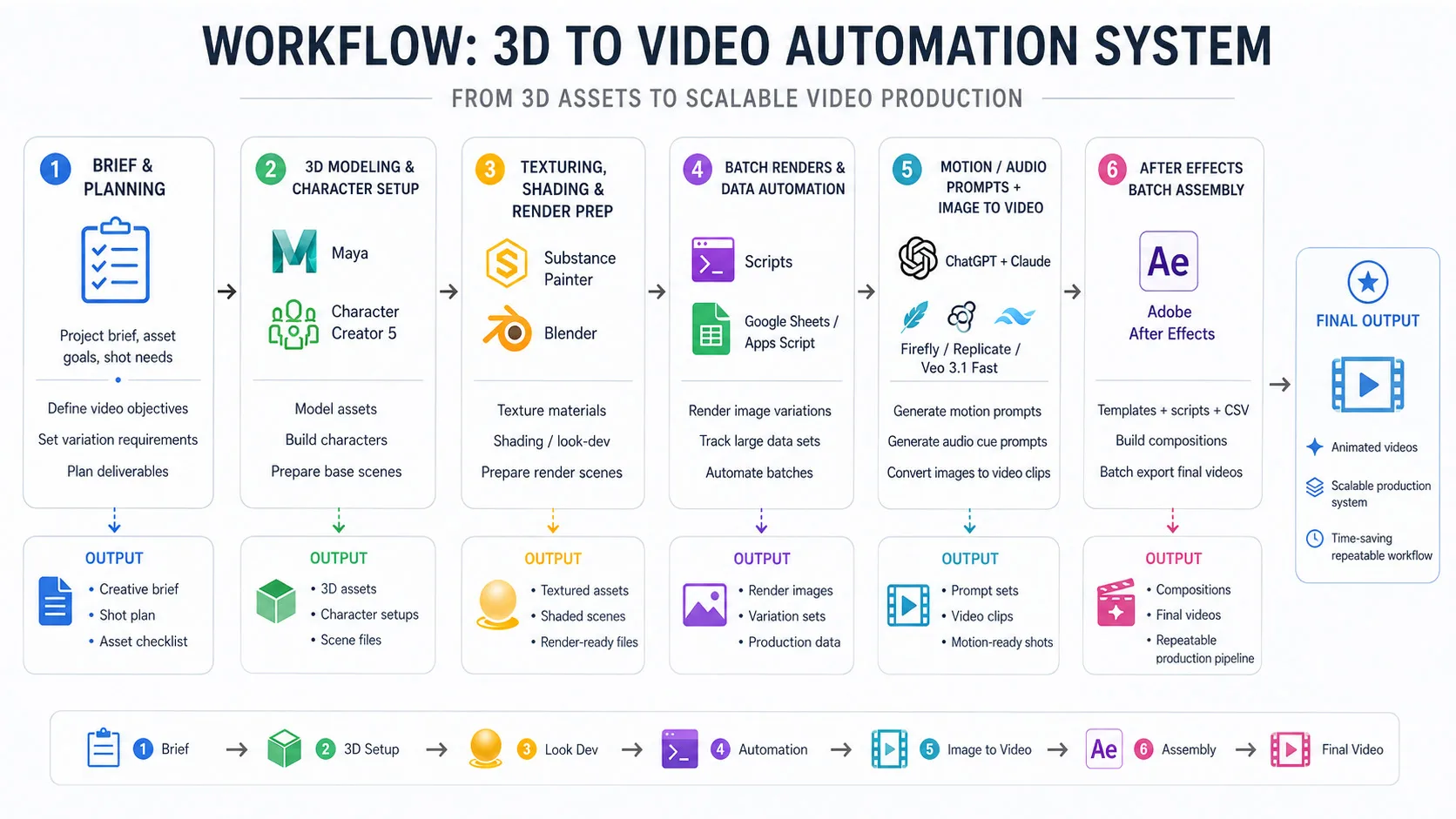 Render-to-Video Pipeline — 3D Asset Automation + Scalable Motion System — workflow diagram